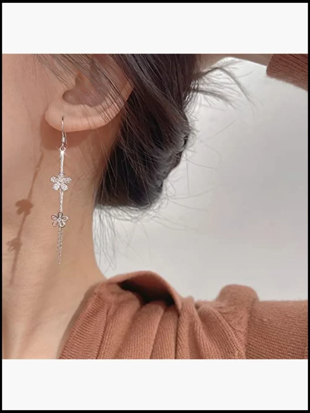 Sterling Silver CZ Flower Dangle Earrings Elegant Wedding Chain Drop Tassel